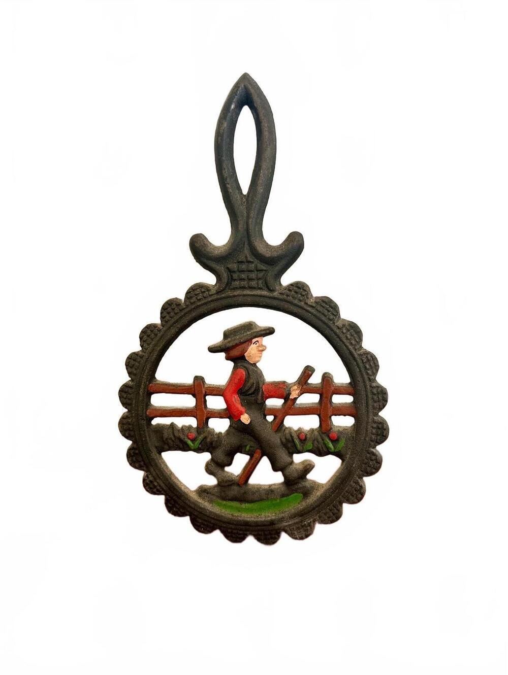 Vintage Dalecraft Hand-Painted Cast Iron Trivet With Flowers Amish Man/Farmer